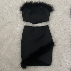 Matte black leather fur trim two piece set
